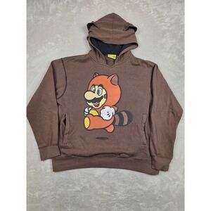 Nintendo Super Mario Bros 3 Hoodie Mens L Brown Tanooki Ears Sweatshirt 2008 Y2K